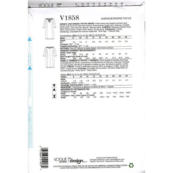 Vogue V1858 Misses 16 to 24 Tom and Linda Platt Dress UNCUT Sewing Pattern - Picture 2 of 2